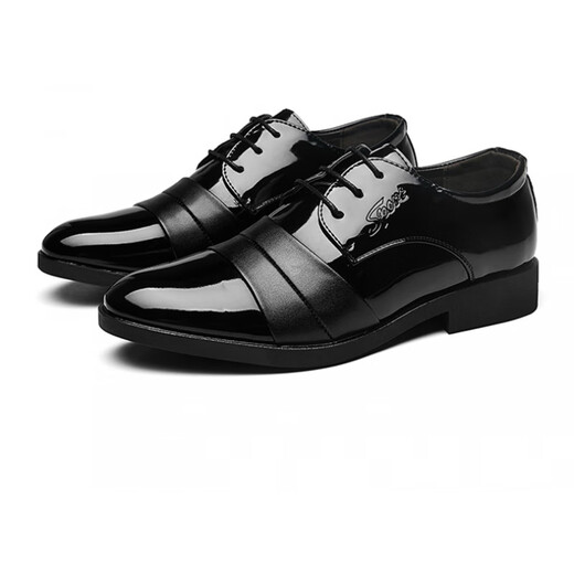 Erxu men's leather shoes, suit shoes, business pointed toe, wedding soft leather casual formal wear flat sole bright light invisible inside height 9921 bright light black inside height 38