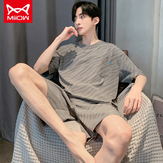 Catman Miiow Pajamas Мужские летние шорты с короткими рукавами костюмы модальный тонкий большой большой размер свободного домашней одежды Лето 6196 Серый модальный костюм L 90-120JIN [Джин равняется 0,5 кг]