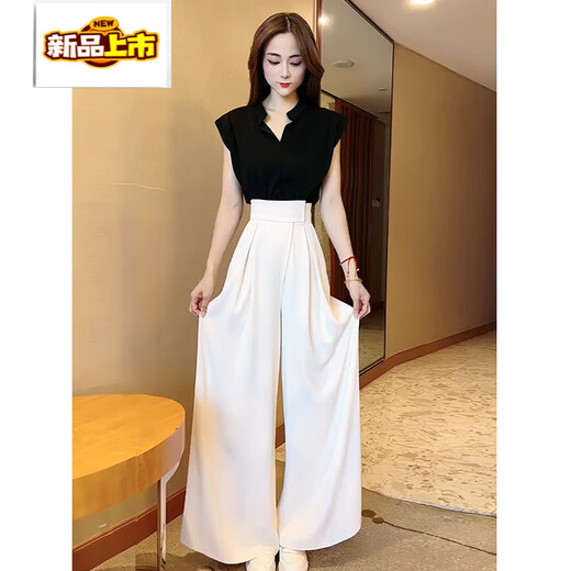 Chujing 2025 Nuevo traje de verano Internet Celebridades de reducción de edad de la edad Top calzada plisada de patas anchas Falda de dos piezas Set para mujeres pantalones de pierna ancha de velcro (estilo de verano) S 85-100Jin [Jin equivale a 0.5 kg] altura de pantalones por encima de 160 por encima de 160
