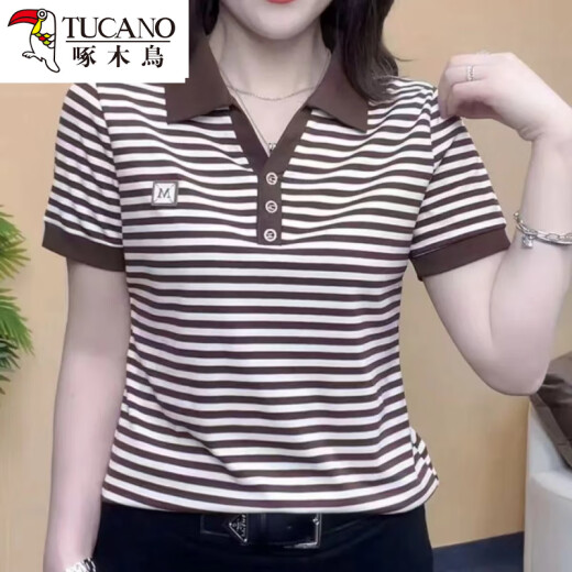 啄木鸟妈妈女装夏季时尚翻领条纹短袖T恤polo衫女休闲新款宽松百搭上衣 9928咖色 M 85-100斤