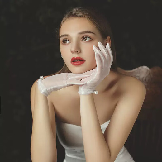 Brauthandschuhe Perle Weißer Hochzeit Satin Internet Promi Foto Pine Hochzeitsfotografie Kurzer Spitzenbogen einfach Perlenhandschuhe [1 Paar]