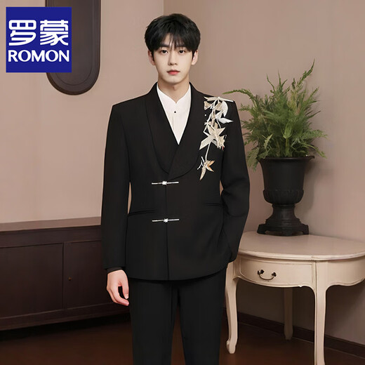 ROMON high-end new Chinese style suit men's Chinese style loose Tang suit suit groom wedding suit green fruit collar black two-piece suit jacket + pants L 149-164Jin Jin equals 0.5 kg