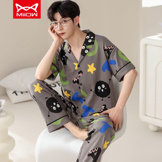 Catman miiow pyjamas de style chinois Men d'été coton pur pantalon à manches courtes adapter les hommes nouveaux cardigan chinois vêtements de maison d'été style mince -695 l