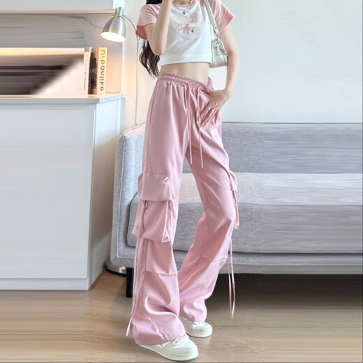 
Pink work pants for women in summer thin 2025 new high waist droop parachute quick-drying casual wide-leg American sports Ant-687[Yellow] L