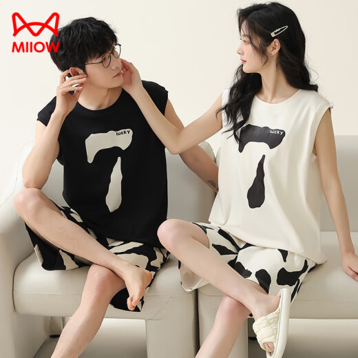 Cat Man (Miiow) Pareja Pajamas Summer Cotton Vest Dama sin mangas de gran tamaño puede usar el delgado traje de ropa casera Gey-719 (Pareja) M Mujeres + Hombres L
