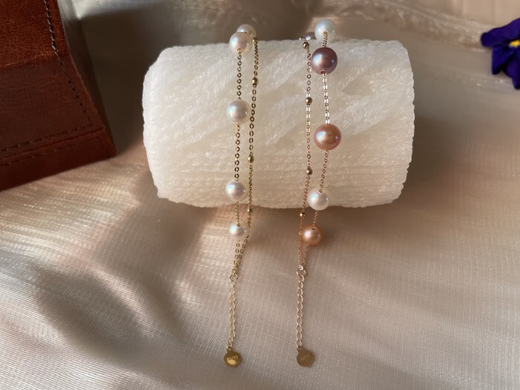 CAOX 18k gold freshwater white transparent pink bracelet full of stars double layer multi-layer winding women au750 18k gold white beads thick chain 4-5mm16cm