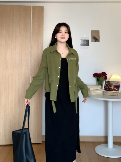 Cool Chapter (KUZHANG) slightly fat Meow Meow Pear-shaped mm autumn slim casual and versatile shirt suspender dress large size set 6636 mustard green shirt + black suspender dress 3XL