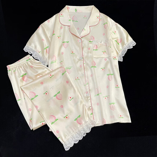 2024春秋季新款冰丝睡衣女短袖长裤开衫甜美家居服薄款丝套装 FS-9905 M