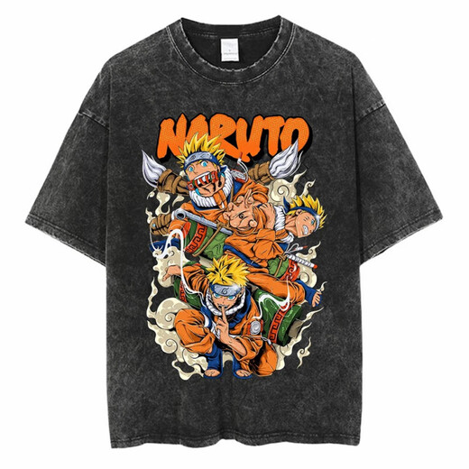 NYCKJK原宿街头服饰水洗火影忍者动漫T恤Naruto棉男夏季短袖复古做旧T B1423水洗黑 B1423水洗黑 S
