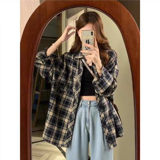Retro plaid shirt for women in summer 2025 new shirt design thin style with top coat for women Navy blue M Recommended 95-110Jin [Jin equals 0.5 kg]

