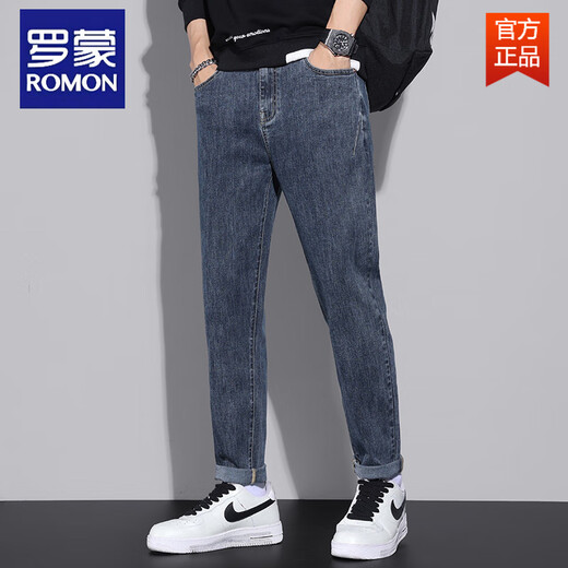 ROMON autumn jeans men's loose straight-leg trendy brand men's new elastic casual trousers spring and autumn casual jeans 6621B black style plus velvet 36