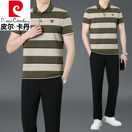皮尔卡丹（pierre cardin）爸爸夏装男士运动服套装中老年休闲条纹纯棉短袖t恤Polo衫 雾蓝（短 袖+长裤）KDK9763 M (建议100-120斤)