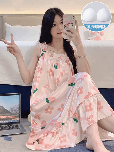 SU Naixue Nightgown pour les femmes en été, avec des coussinets de poitrine, un pyjamas à suspense de glace à la soie glaciaire, des femmes d'été, des vêtements de maison doux et mignons, le printemps et l'automne 3889 [PAD NON AMOVABLE PORTRE] M [75-100jin [Jin est égal à 0,5 kg]]]