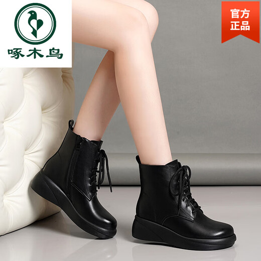 Woodpecker genuine leather women's shoes 2025 winter new Martin boots thick-soled wedge-heeled short boots flat-soled high-heeled single boots women's boots black warm velvet lining 38 standard size