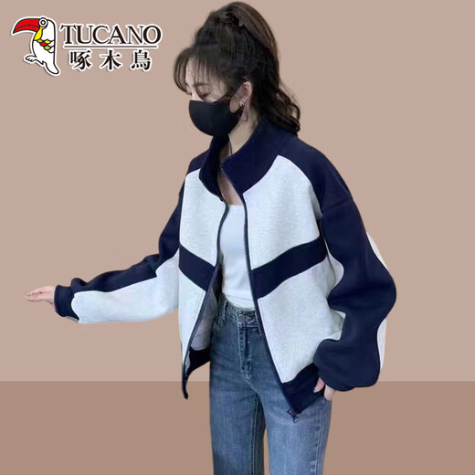 啄木鸟拼色棒球服外套女装2025春秋新款宽松卫衣开衫小个子夹克上衣 黑色 M (建议100斤以内)