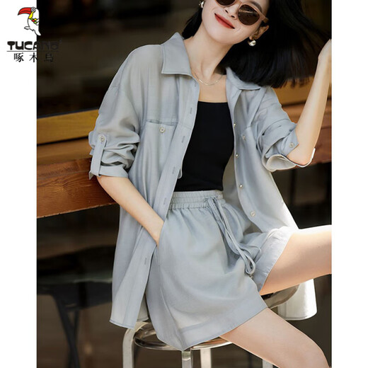 
Woodpecker Firefly Summer Summer Sunscreen Shirt Jacket/Shorts Set Fashion Simple Lazy Two-Piece Set Women Green S