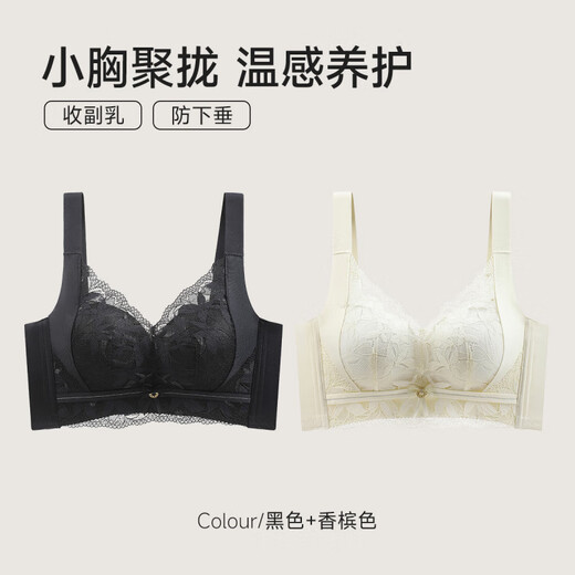 莫代尔内衣女小胸聚拢收副乳防下垂薄款舒适无钢圈性感蕾丝纯欲风文胸罩 【5A抗菌+温感养护】黑色+香槟色 70A 【上薄下厚2.5c AB通杯】