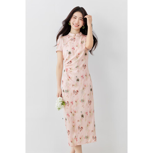 尚都比拉国风立领短袖印花连衣裙女夏季新中式旗袍裙中长款收腰显瘦碎花裙