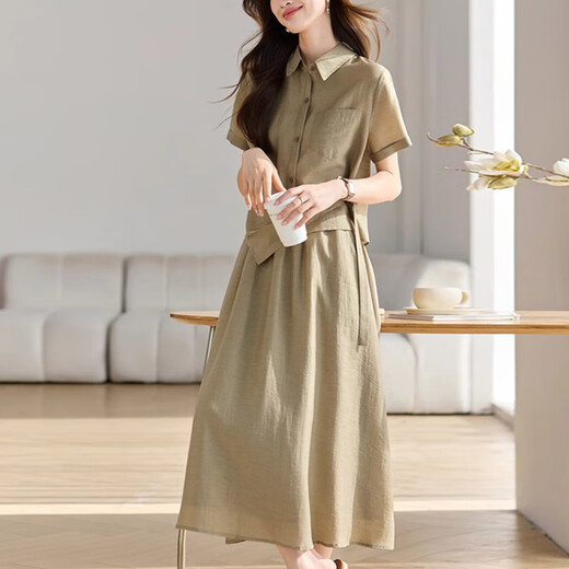 
XAE luxury high-end brand short-sleeved dress for women 2025 summer new POLO collar fashionable casual shirt suit skirt apricot color L [Suggested 115-125Jin [Jin equals 0.5 kg]]
