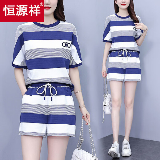 恒源祥休闲条纹套装女时尚减龄2025夏季新款显瘦显瘦百搭短袖短裤两件套 蓝色套装(上衣+裤子) M 建议100斤以内