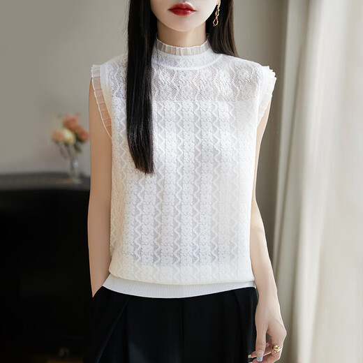 HERAGAIA精纺羊毛衫背心女2025夏季新款木耳边半高领吊带蕾丝镂空花打底衫 奶白色 JXWY5009-16 M