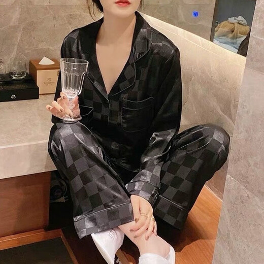 ZIPJBX睡衣女春秋两件套长袖仿真丝绸薄款夏天家居服套装 829#白色格子【长裤长袖】 M 【80-100斤】