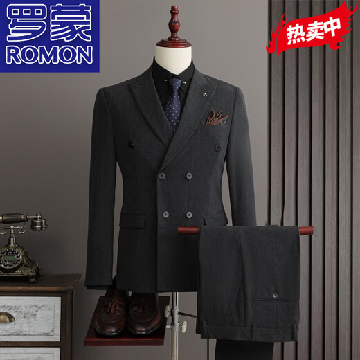 ROMON high-end double-breasted suit men's business formal high-end suit groom wedding dress slim jacket black double-breasted suit + vest + trousers with shirt XL 123-134Jin Jin equals 0.5 kg to wear