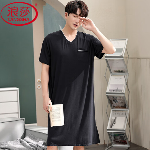 Langsha Men's Nightgown Summer New Style Modal Pyjamas Plus taille à manches courtes en V lâche peut être portée à l'extérieur avec des vêtements de grande taille SMH [844 Gris foncé] M