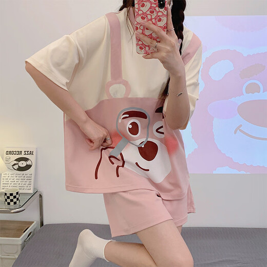 Opeodly夏季睡衣女薄款学生甜美短袖短裤两件套夏天宽松可外穿休闲家居服 684背带熊 XL 【建议112-125斤】