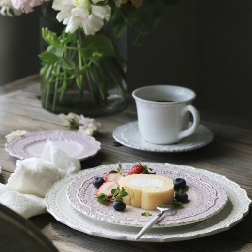 MY家 -  Finezza 蕾丝浮雕 奶油白/粉 茶杯碟餐盘茶壶 3291/grey  灰蕾丝 沙拉盘 23h2