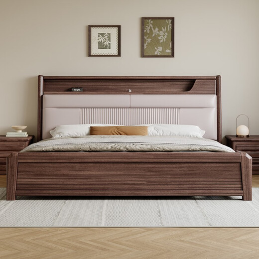 DeRUCCI HOME mousse walnut solid wood bed 1.8m double bed master bedroom 1.5 genuine leather soft package air pressure same style built-in bull socket bed 1500mm*1900mm frame structure
