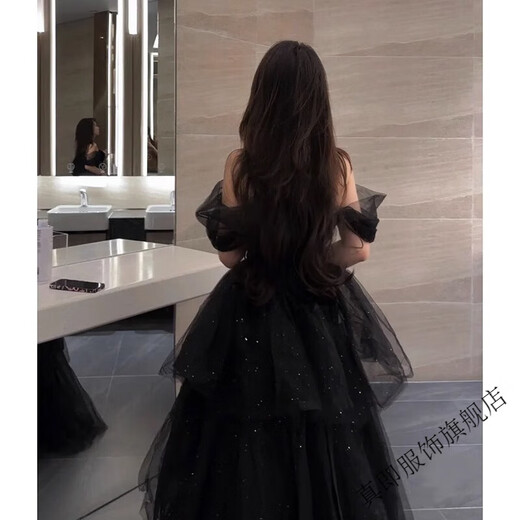 True Black Evening Dress 2025 New Light Luxury Niche High-end One-shoulder Adult Ceremony Graduation Performance Female Black S