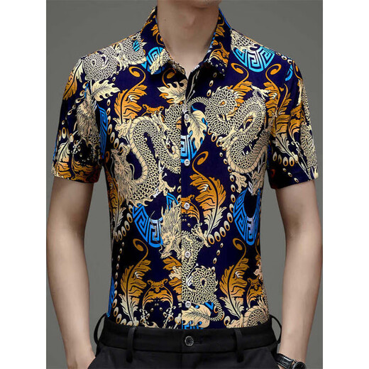 
Seven Wolfs (SW1960) summer print short-sleeved floral shirt men's handsome Chinese style dragon pattern ice silk inch shirt half-sleeved casual daddy suit yellow 9898 model M 170