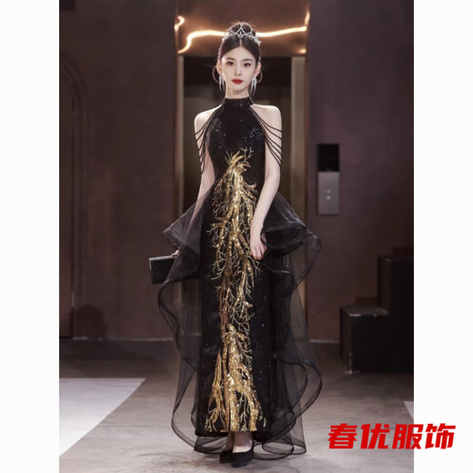 Bajintu black gold halter neck evening dress new style banquet engagement high-end light luxury host art exam performance adult ceremony black gold-halter neck L