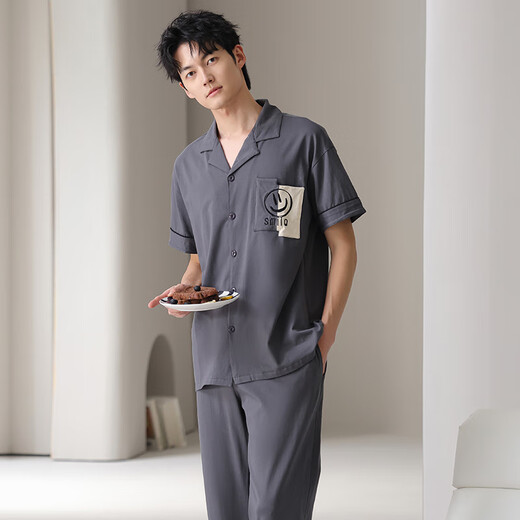 浪莎条纹睡衣男夏季纯棉短袖长裤高级感休闲宽松开衫家居服套装可外穿 848男 L