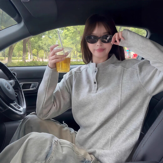 Light gray American Henry collar sweatshirt for men, spring and autumn high-end polo shirt, long-sleeved T-shirt with base layer, light gray M