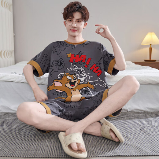 
Yalu pajamas men's summer pure cotton cartoon men's short-sleeved student plus fat plus size fat man can wear home clothing suit YX7029 crayon L men 100-135Jin [Jin equals 0.5 kg]