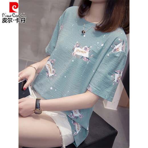 皮尔卡丹（pierre cardin）胖夏装新款纯棉短袖T恤女200斤加大码宽松显瘦百搭遮肚子上衣女 9928灰色 M 80-95斤