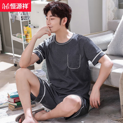 Hengyuanxiang men's pajamas summer cotton short-sleeved shorts youth and middle-aged casual plus size summer thin home clothing set HD9922 [short-sleeved shorts set] L [100-130Jin [Jin equals 0.5 kg]]