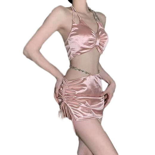 Qiner swimsuit women's split three-piece sexy solid color diamond shiny bikini swimsuit pure lust hot spring swimsuit pink M recommended 85-95Jin Jin equals 0.5 kg