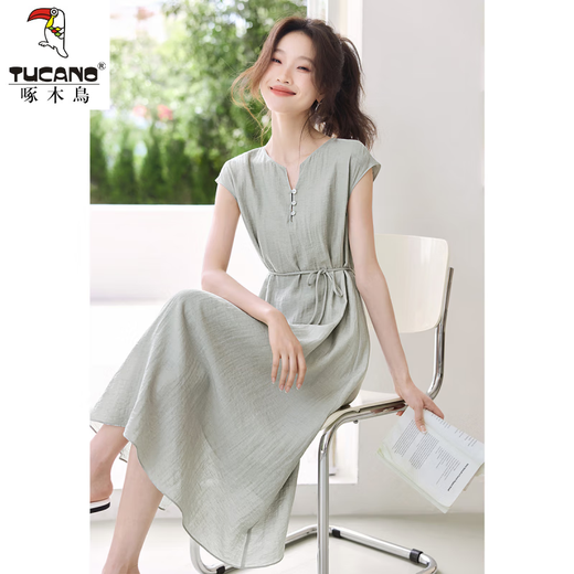 啄木鸟亚麻气质连衣裙女2025夏季新款曼巴薄荷优雅舒适轻薄透气显瘦裙子 薄荷色 XL