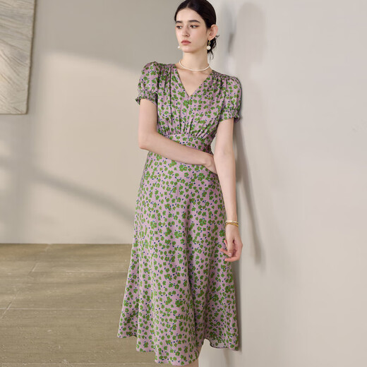 ROEYSHOUSE ROYE Elegante Vestido floral de cuello en V para mujeres 2025 Summer NUEVA MANAGA DE MANAJA Cerrada a mitad de largo 12138 Floral S