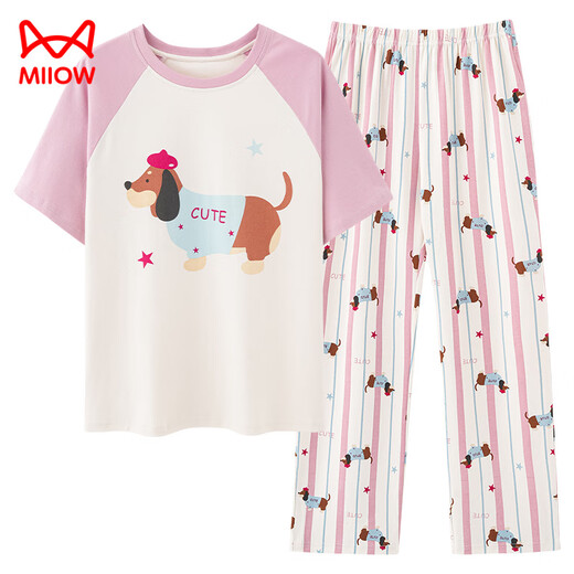 猫人（MiiOW）2025新款睡衣女夏季纯棉套头短袖长裤卡通薄款家居服套装 A-833女 M