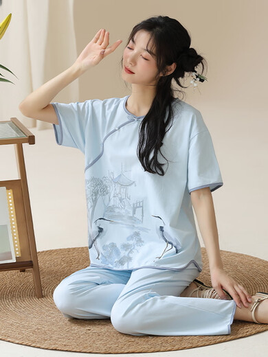 True high-end light luxury pajamas for women, can wear summer ladies short-sleeved Chinese style pajamas suit cotton new Chinese style trousers home Y9905 M code (recommended 75-95Jin [Jin equals 0.5 kg]) equal size