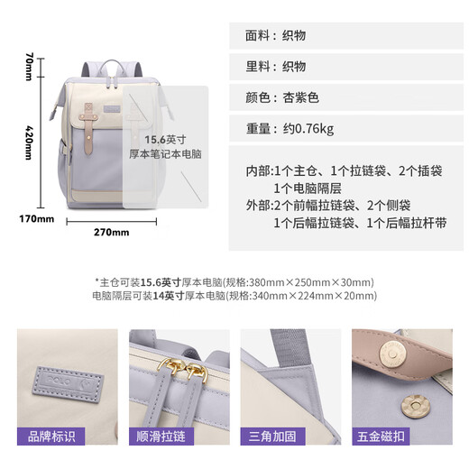 POLO双肩包女电脑包15.6英寸iPad笔记本背包通勤短途书包差旅行李包