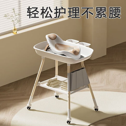 煦凛日本尿布台婴儿护理台洗澡二合一可移动多功能操作台新生儿抚触台 白色-轮+侧袋+软垫+储物框*2