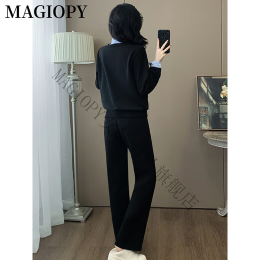 MAGIOPY国际奢侈高档品牌2025春轻职场休闲运动套装女洋气减龄黑色假两件 黑色两件套 S(100斤以内)