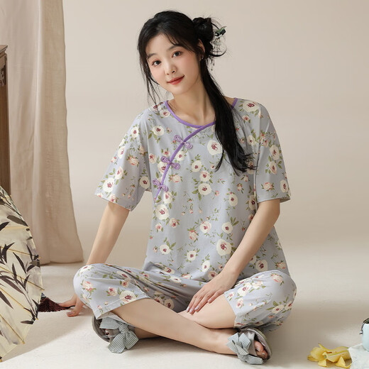 雅鹿国风睡衣女士夏季薄款国潮古风家居服套装休闲短袖七分裤女 9901# M