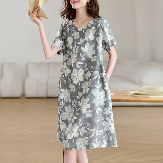OLJ高档品牌连衣裙女2025年夏季新款设计感宽松复古印花圆领A字裙子 图片色 M 90-115斤