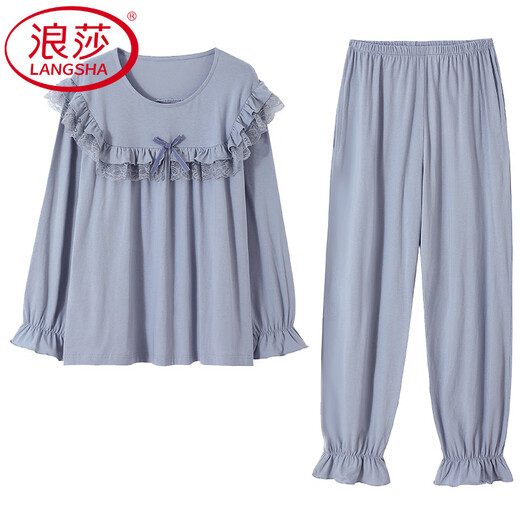 浪莎（LangSha）轻奢高端女士睡衣莫代尔春秋长袖套头宽松大码冰丝甜美家居服套装 RQ6627 M
